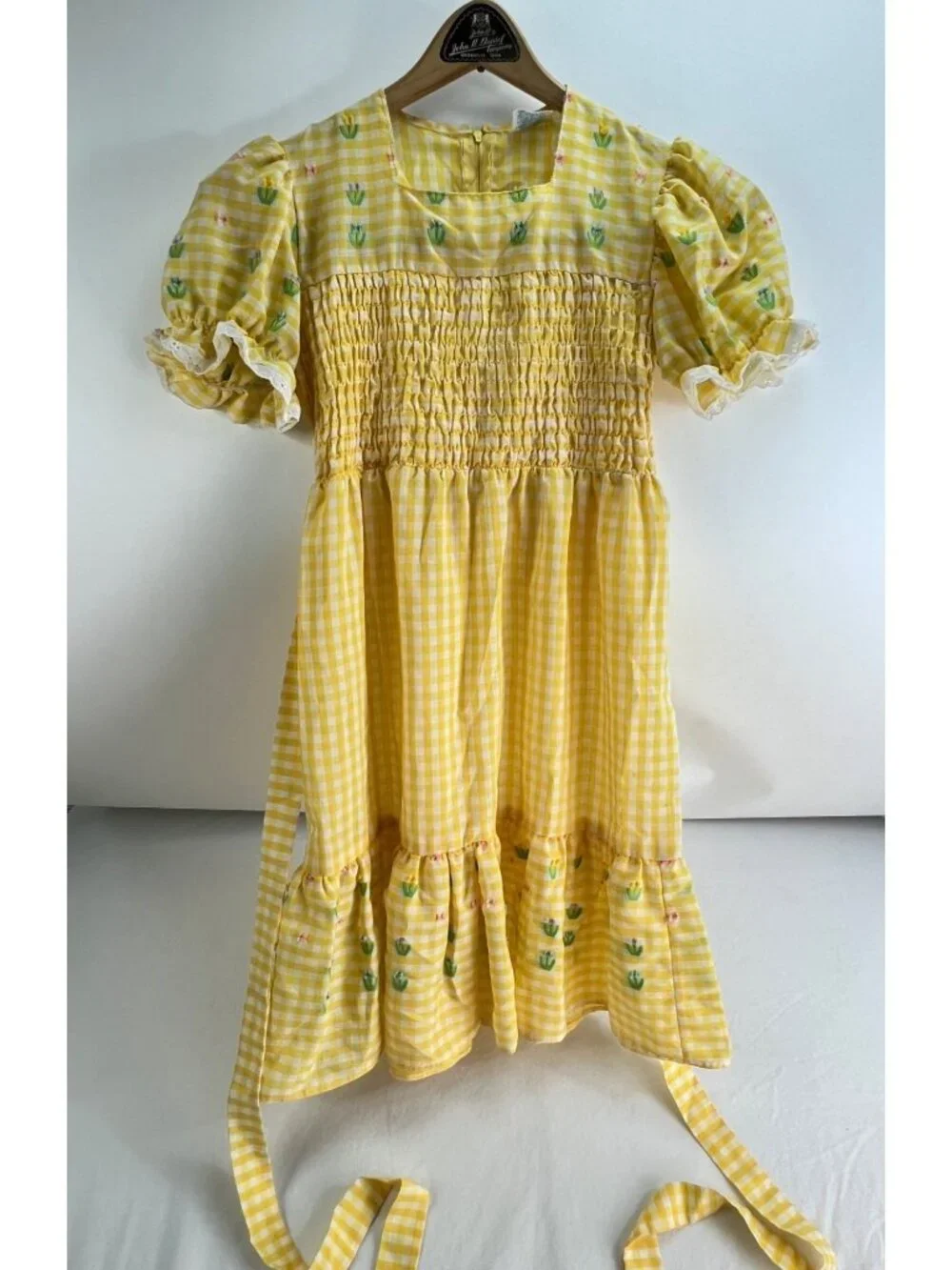 VTG Sears Growing Girl Yellow Gigham Prarie Dress sz 10 Smocked Checked